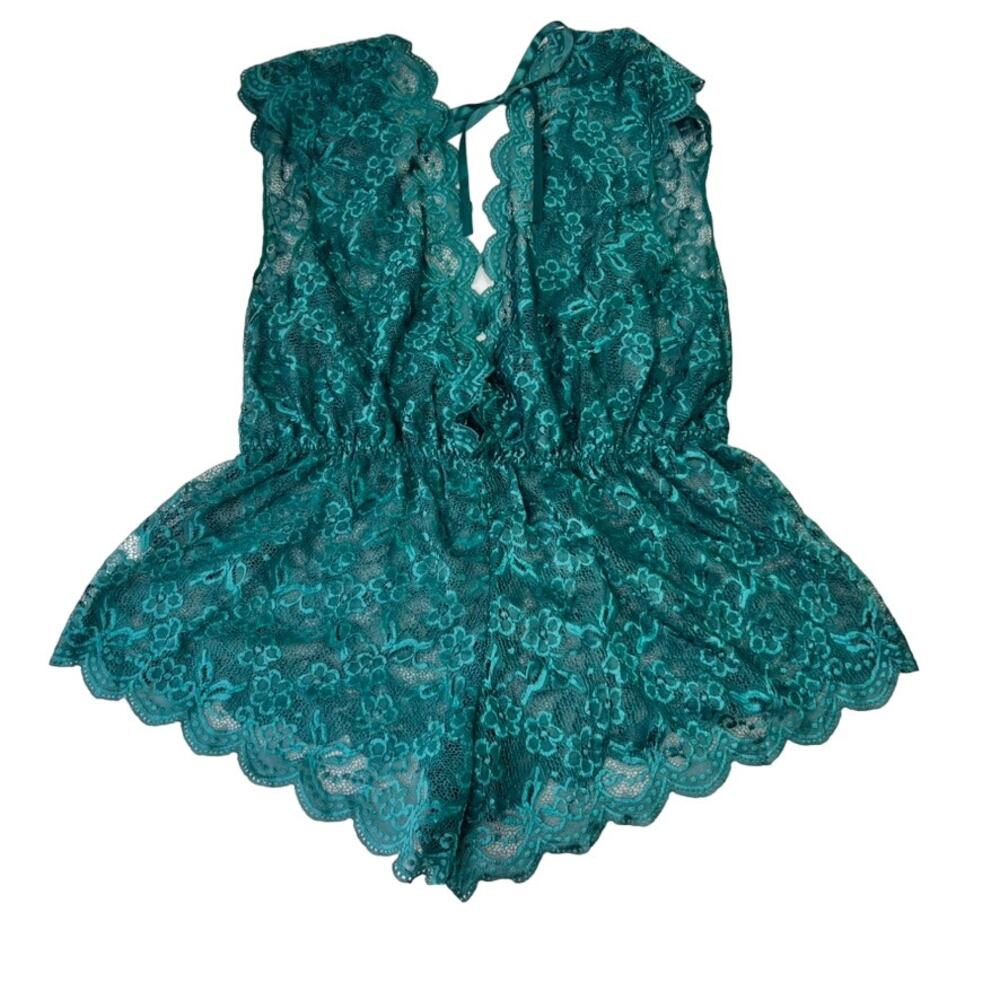 Lace Lingerie 4 XL Plus Floral One Piece Romper Teal Green Scalloped Edge V Neck